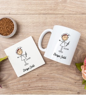 Hemşire Karikatürü Beyaz Kupa Bardak Ve Bardak Altlığı Seti