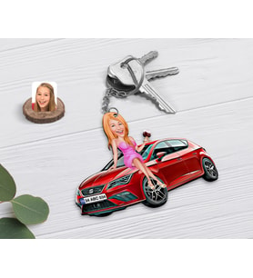 BK Gift Kişiye Özel Bayan SEAT Leon Kırmızı Figürlü Plakalı Ahşap Karikatür Anahtarlık-2