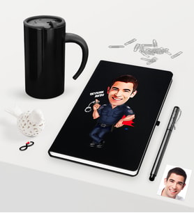 BK Gift Kişiye Özel Bay Polis Karikatürlü Siyah Defter Kalem Termos Mug Seti - 2 (Model 1)