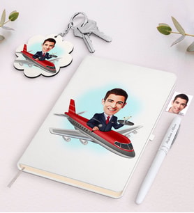 BK Gift Kişiye Özel Erkek Uçuş Görevlisi Host Karikatürlü Beyaz Defter Kalem ve Anahtarlık Hediye Seti-1 (Model 1)