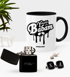 BK Gift Kişiye Özel Yakışıklı Babam Siyah Kupa Çakmak Kol Düğmesi Seti-2 (Model 1)