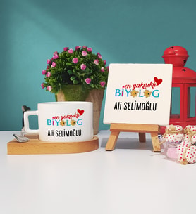 En Yakışıklı Biyolog Hediye Ahşap Altlıklı Fincan ve Dekoratif Taş Baskı Hediye Seti