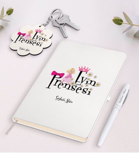 BK Gift Kişiye Özel Evin Prensesi Beyaz Defter Kalem ve Anahtarlık Hediye Seti-3 (Model 1)