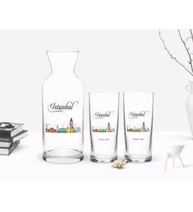 BK Gift Kişiye Özel Renkli Baskılı İstanbul Tasarımlı Turistik İkili Rakı Bardağı ve Karaf Hediye Seti-3 (Model 1)