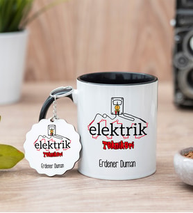Elektrik Teknikeri Siyah Kupa Bardak Ve Anahtarlık Set