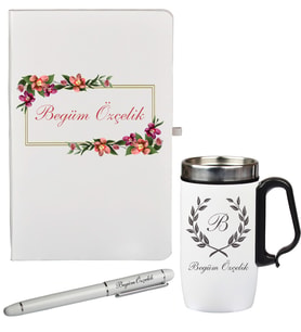 Bahar Çiçekleri Desenli Kişiye Özel Hediye Defter Kalem Termos - Mug Seti