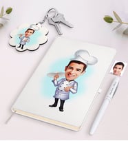 BK Gift Kişiye Özel Erkek Chef Karikatürlü Beyaz Defter Kalem ve Anahtarlık Hediye Seti-4 (Model 1)
