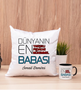 Dünyanın En İyi Babası Kare Yastık ve Siyah Kupa Bardak
