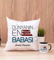 Dünyanın En İyi Babası Kare Yastık ve Siyah Kupa Bardak
