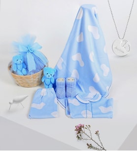BK Gift Kişiye Özel El Ayak İzi Silver Kolye Ve Hoş Geldin Erkek Bebek Hediye Seti (Mavi)