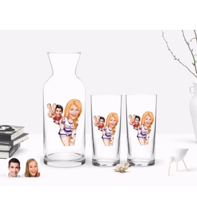 BK Gift Kişiye Özel Renkli Baskılı Sevgililer Karikatürlü İkili Rakı Bardağı ve Karaf Hediye Seti-30 (Model 1)