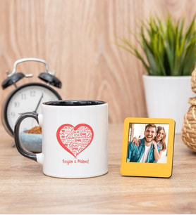 Kişiye Özel Kalpli Siyah Kupa Bardak ve Sarı Mini Fotoğraf Çerçevesi