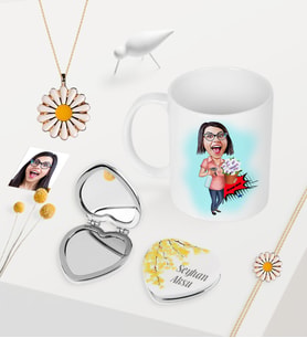 BK Gift Kişiye Özel Ev Hanımı Anne Karikatürlü Kupa Kalp Ayna Papatya Takı Seti-2 (Model 1)