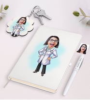 BK Gift Kişiye Özel Kadın Doktor Karikatürlü Beyaz Defter Kalem ve Anahtarlık Hediye Seti-1 (Model 1)