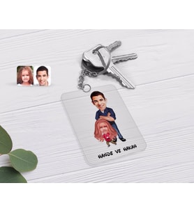 BK Gift Kişiye Özel Baba Kız Karikatürlü Şeffaf Pleksi Anahtarlık-1 (Beyaz)