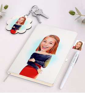 BK Gift Kişiye Özel Kadın Karikatürlü Beyaz Defter Kalem ve Anahtarlık Hediye Seti-12 (Model 1)