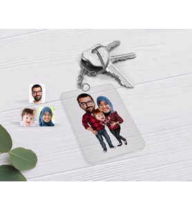 BK Gift Kişiye Özel Tesettürlü Aile Karikatürlü Şeffaf Pleksi Anahtarlık-2 (Beyaz)
