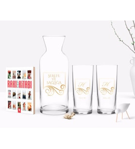 BK Gift Kişiye Özel Renkli Baskılı Baş Harf İsim Tasarımlı Tasarımlı İkili Rakı Bardağı Karaf ve Cep Kitabı Hediye Seti-2 (Model 1)