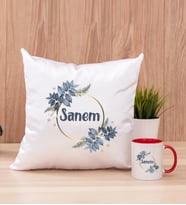 Çiçek Desenli İsme Özel Kare Yastık ve Kırmızı Kupa Bardak