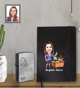 Kişiye Özel Öğretmen Karikatürlü Siyah Defter Çakmak Hediye Seti Bayan-3 (Model 1)