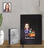 Kişiye Özel Öğretmen Karikatürlü Siyah Defter Çakmak Hediye Seti Bayan-3 (Model 1)