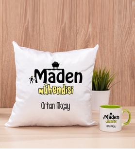 Maden Mühendisi Kare Yastık ve Yeşil Kupa Bardak