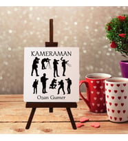 Kişiye Özel Kameraman Tasarımlı Şövale Ayaklı Dekoratif Doğal Taş (Krem)