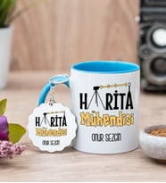 Harita Mühendisi Mavi Kupa Bardak Ve Anahtarlık Set