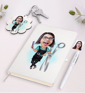 BK Gift Kişiye Özel Kadın Kuaför Karikatürlü Beyaz Defter Kalem ve Anahtarlık Hediye Seti (Model 1)