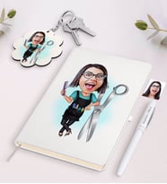BK Gift Kişiye Özel Kadın Kuaför Karikatürlü Beyaz Defter Kalem ve Anahtarlık Hediye Seti (Model 1)