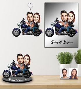 Kişiye Özel Motorcu Sevgili Karikatürlü 3 lü Hediye Seti Model 3
