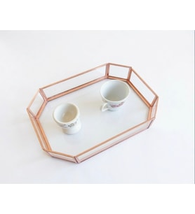 Bakır Rose Cam Kahve Sunum Tepsisi Geometrik Şekil 25 x20x 5 cm