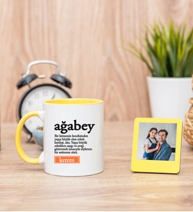 Ağabey Kelime Anlamı Sarı Kupa Bardak ve Sarı Mini Fotoğraf Çerçevesi