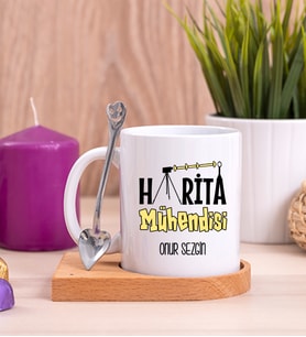 Harita Mühendisi Ahşap Altlıklı Beyaz Kupa Bardak