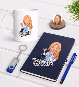BK Gift Kişiye Özel Kadın Veteriner Hekim Karikatürlü Lacivert Defter Kalem Kupa 32gb USB Bellek Hediye Seti-1 (Model 1)