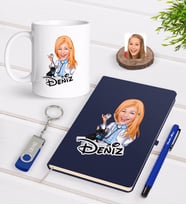 BK Gift Kişiye Özel Kadın Veteriner Hekim Karikatürlü Lacivert Defter Kalem Kupa 32gb USB Bellek Hediye Seti-1 (Model 1)