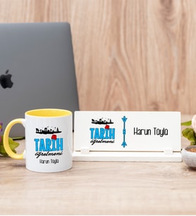 Tarih Öğretmeni Sarı Kupa Bardak Ve Masa İsimliği Hediye Seti