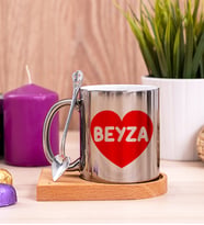 İsim Yazılı Kırmızı Kalpli Ahşap Altlıklı Silver Kupa Bardak