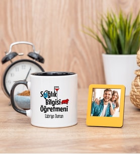 Sağlık Bilgisi Öğretmeni Siyah Kupa Bardak ve Sarı Mini Fotoğraf Çerçevesi