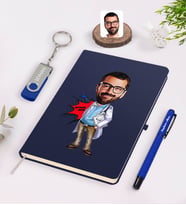 BK Gift Kişiye Özel Erkek Baş Hekim Karikatürlü Lacivert Defter Kalem 32gb USB Bellek Hediye Seti-1 (Model 1)