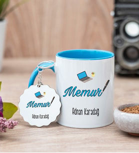 Memur Mavi Kupa Bardak Ve Anahtarlık Set