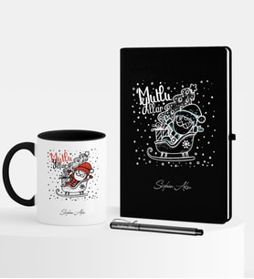 BK Gift Kişiye Özel Yılbaşı Noel Baba Temalı Siyah Defter Kalem Kupa Seti - 5