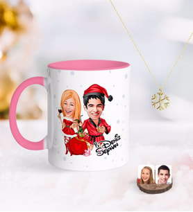 BK Gift Kişiye Özel Yeni Yıl Sevgililer Karikatürlü Pembe Kupa ve Kar Tanesi Kolye-5 (Model 1)