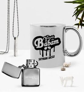 BK Gift Kişiye Özel Yakışıklı Babam Krom Kupa Benzinli Çakmak Kolye Seti-2 (Model 1)