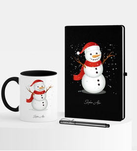 BK Gift Kişiye Özel Yılbaşı Kardan Adam Temalı Siyah Defter Kalem Kupa Seti - 2
