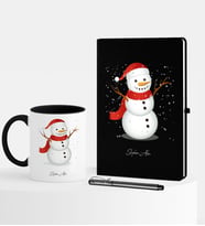 BK Gift Kişiye Özel Yılbaşı Kardan Adam Temalı Siyah Defter Kalem Kupa Seti - 2
