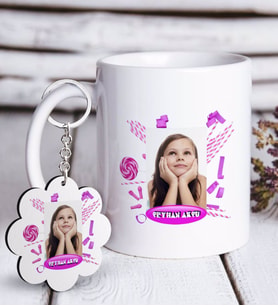 BK Gift Kişiye Özel Fotoğraflı Doğum Günü Beyaz Kupa ve Anahtarlık Hediye Seti-4 (Model 1)