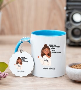 Rahatım Bozulmasın Diye Aşık Olmuyorum Mavi Kupa Bardak ve Anahtarlık Set