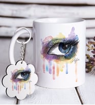 BK Gift Kişiye Özel Suluboya Göz Tasarımlı Beyaz Kupa ve Anahtarlık Hediye Seti (Model 1)