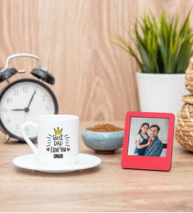 Best Dad Türk Kahvesi Fincanı ve Kırmızı Mini Fotoğraf Çerçevesi
